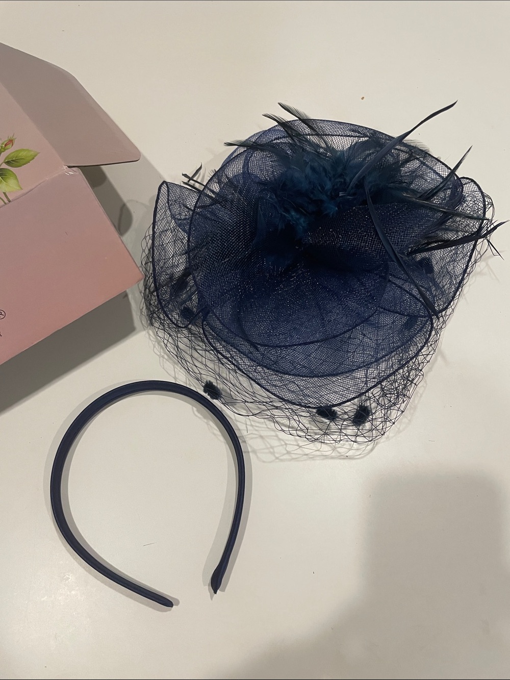 Navy Feathered Veil Headband Fascinator - Women Accessories